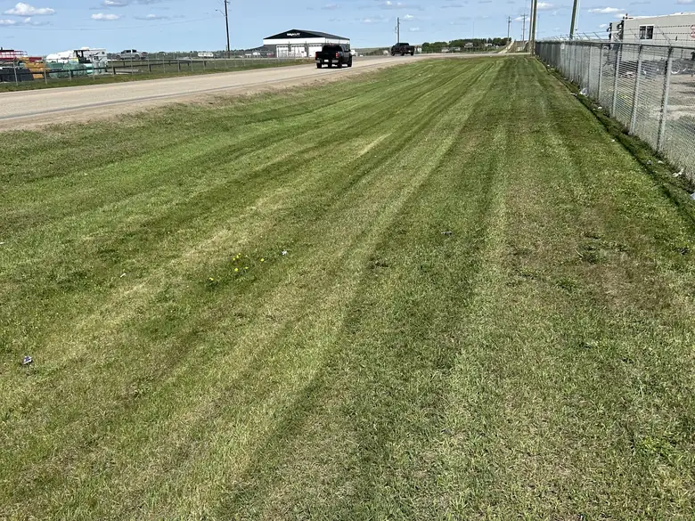 A long strip of lawn freshly mowed with clean stripes